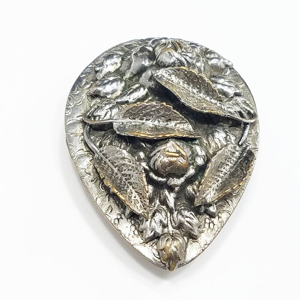 Vintage 1940s Floral Leaves Rose Dress Clip, Silver Tone